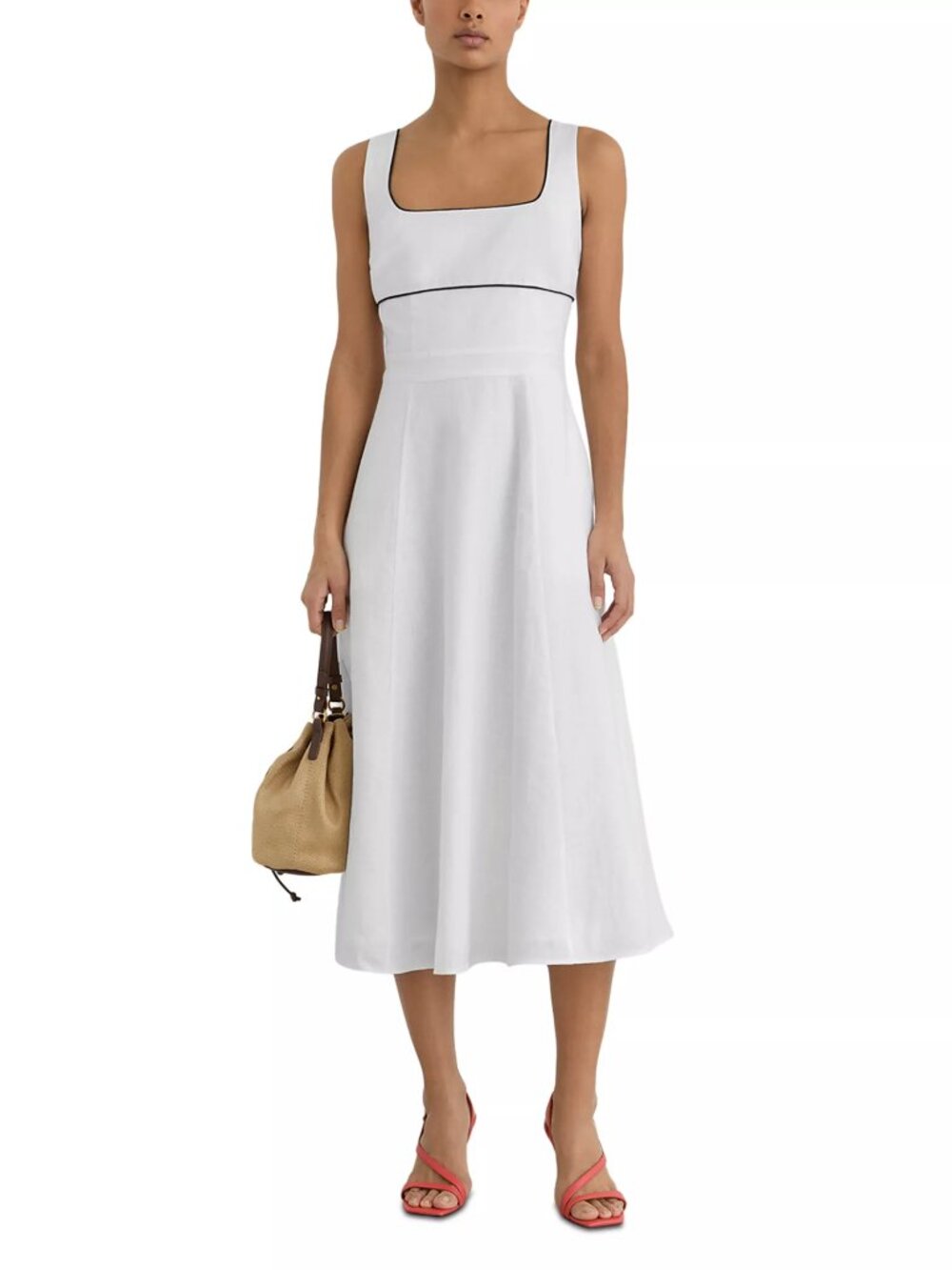 REISS Dorothea Contrast Trim Linen Midi Dress Ivory White US 6 UK 10 NWT - Picture 2 of 5